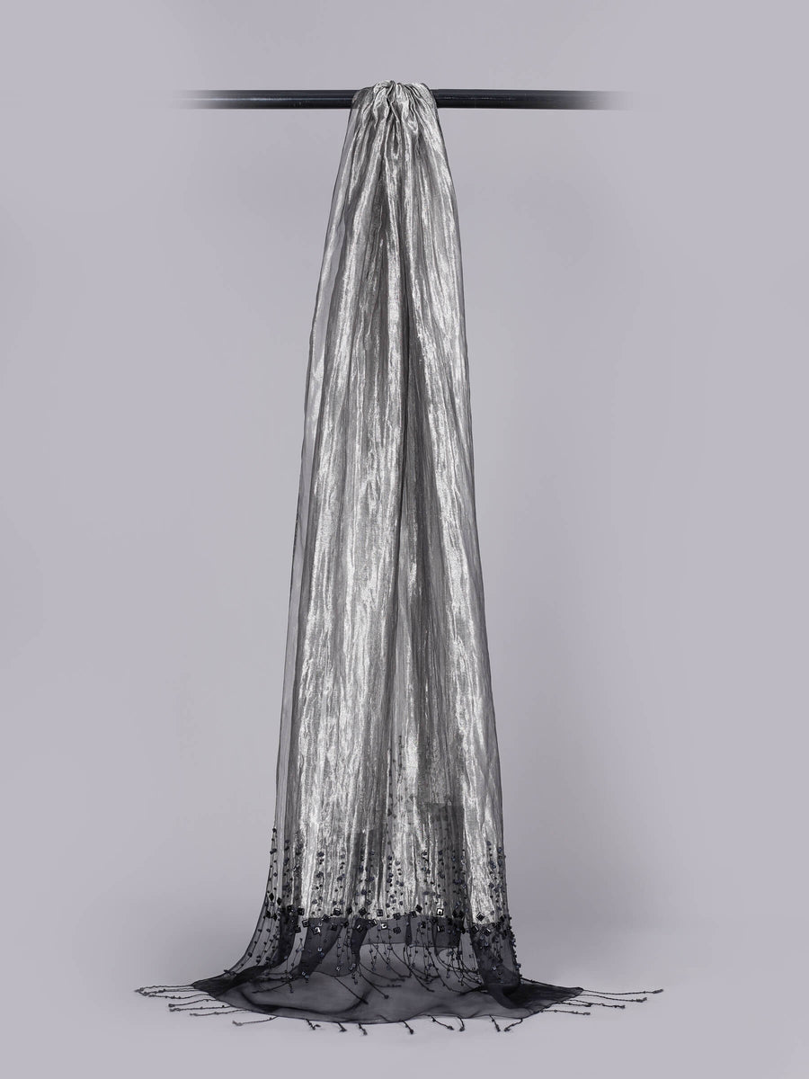 Zariwa Hand Woven Silk & Metalised Yarn Scarf with Embellishments Black & Silver for Women - Welkin Scarves