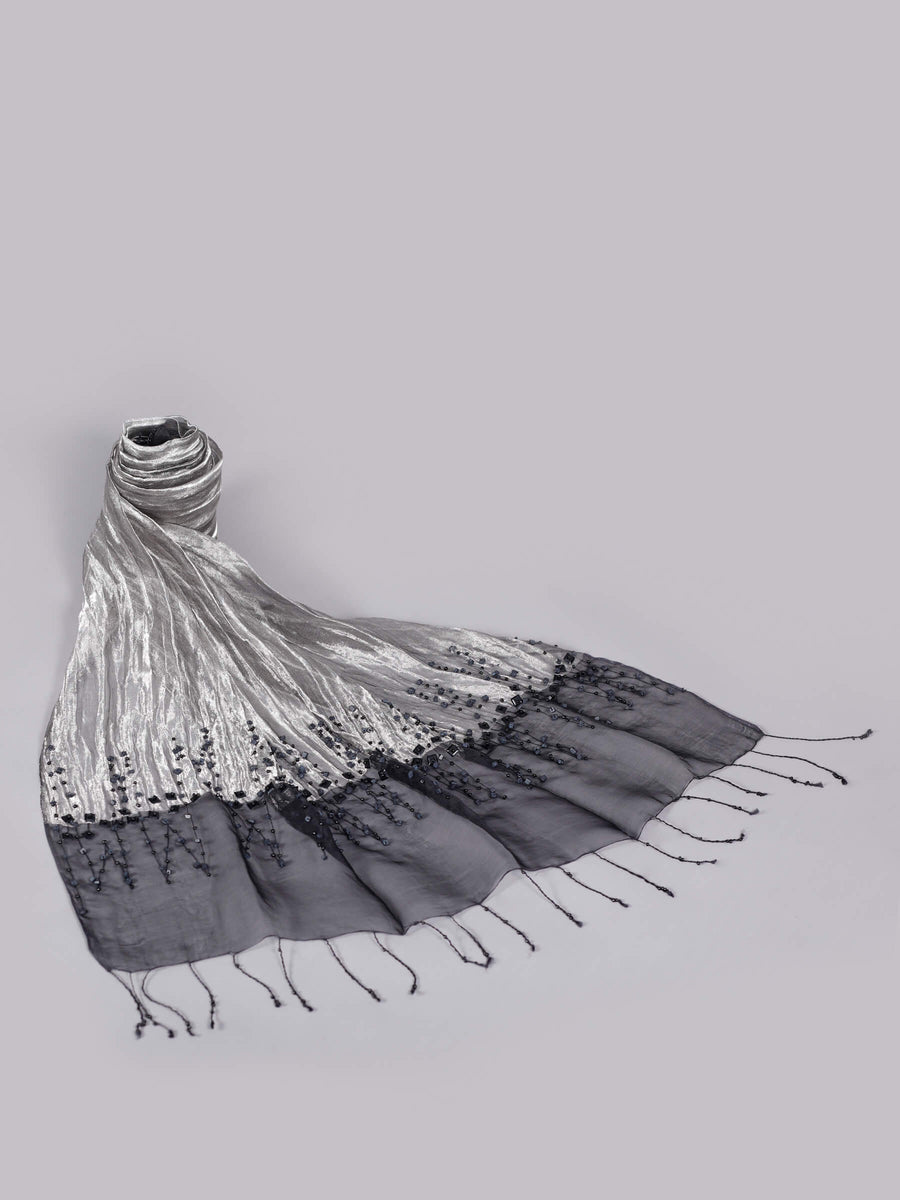 Zariwa Hand Woven Silk & Metalised Yarn Scarf with Embellishments Black & Silver for Women - Welkin Scarves