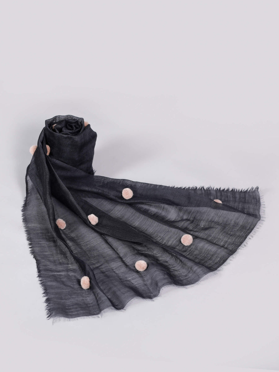 Tussah Mohair Embroidery Silk & Wool Scarf Black & Taupe for Women - Welkin Scarves