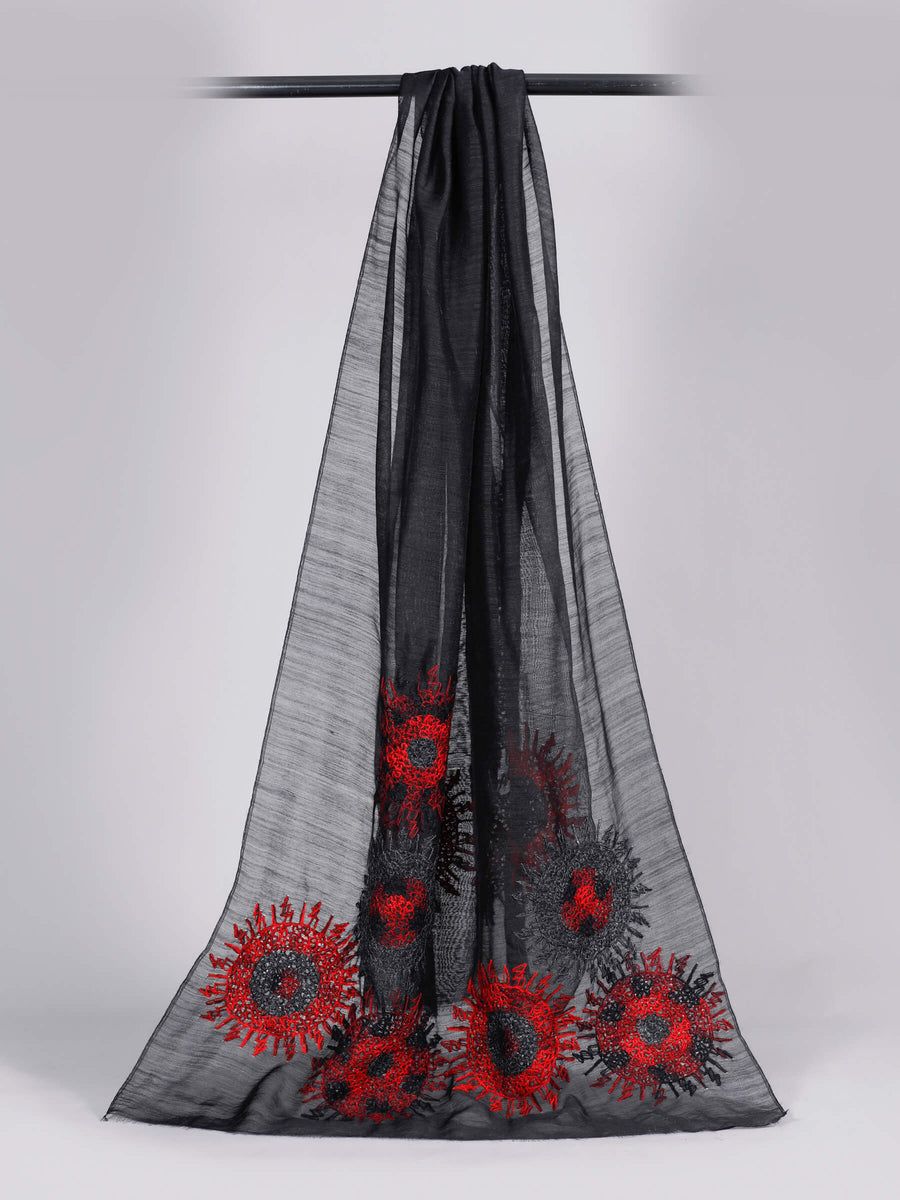 Gala Crafted with Mohair Motifs Silk & Wool Scarf Black Red for Women - Welkin Scarves
