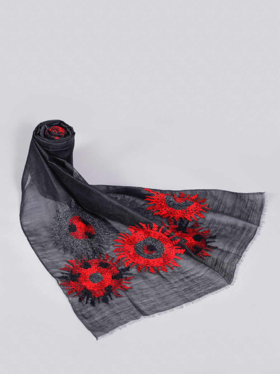 Gala Crafted with Mohair Motifs Silk & Wool Scarf Black Red for Women - Welkin Scarves