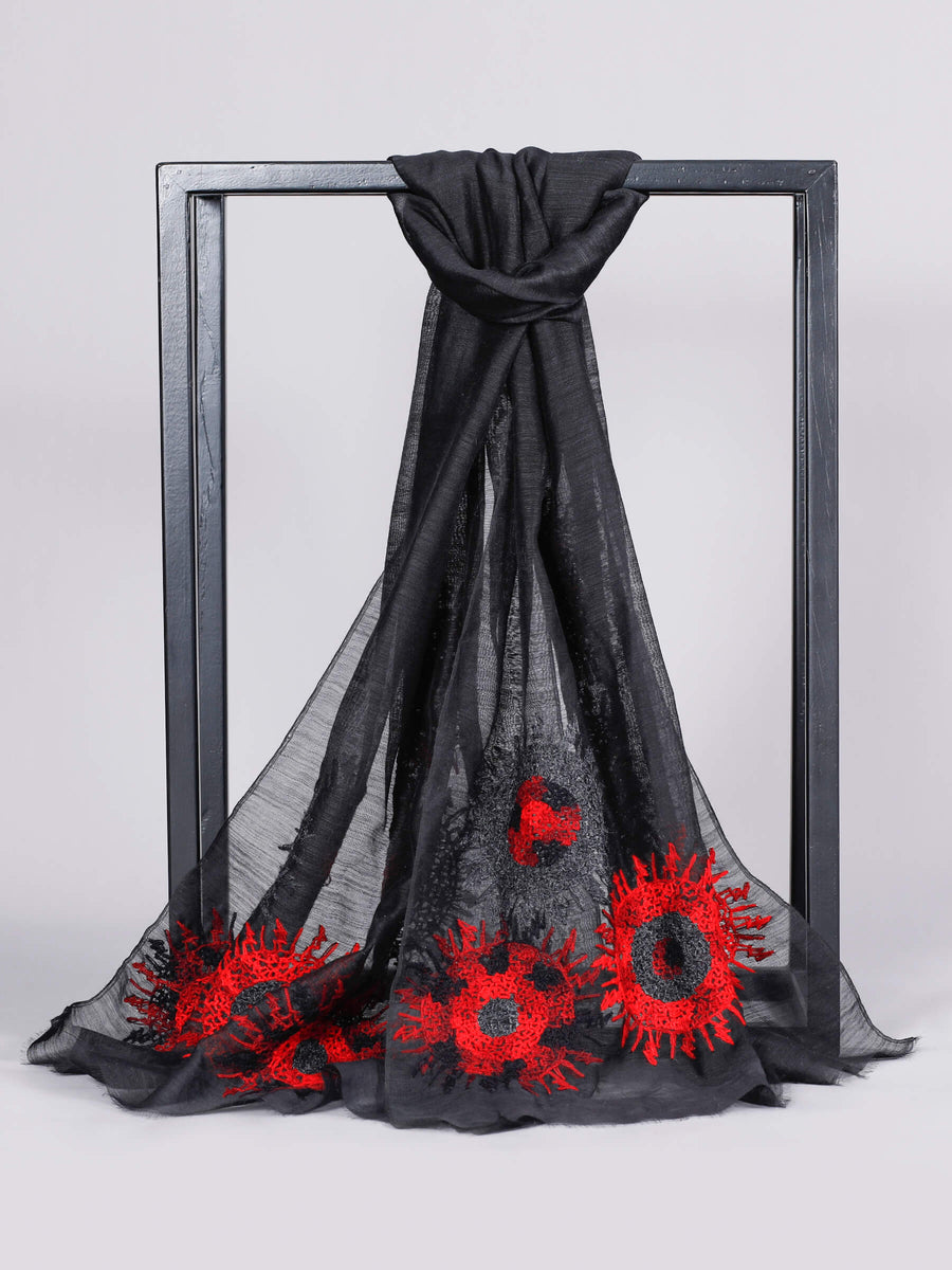 Gala Crafted with Mohair Motifs Silk & Wool Scarf Black Red for Women - Welkin Scarves