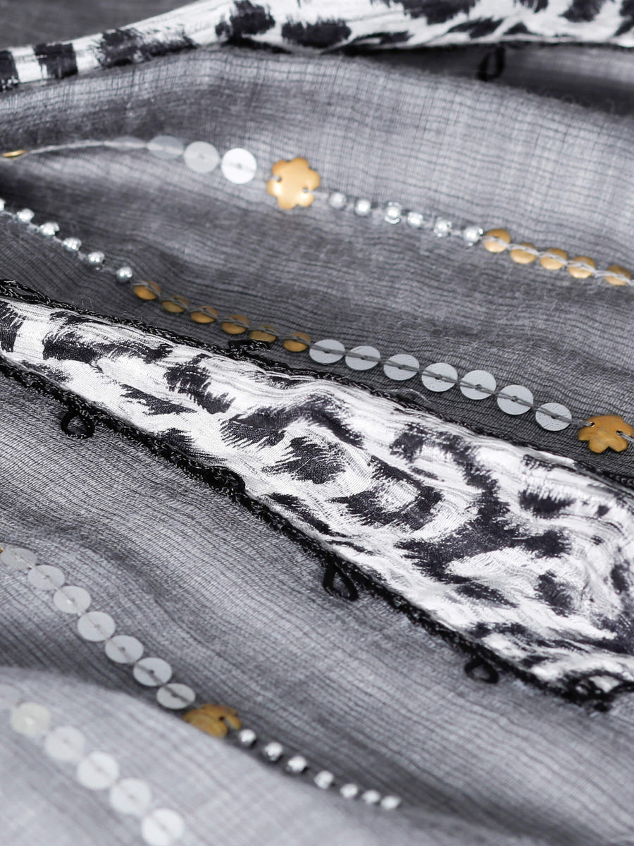 Pattern Printed & Embroidered Handwoven Silk & Wool Scarf Grey White for Women - Welkin Scarves