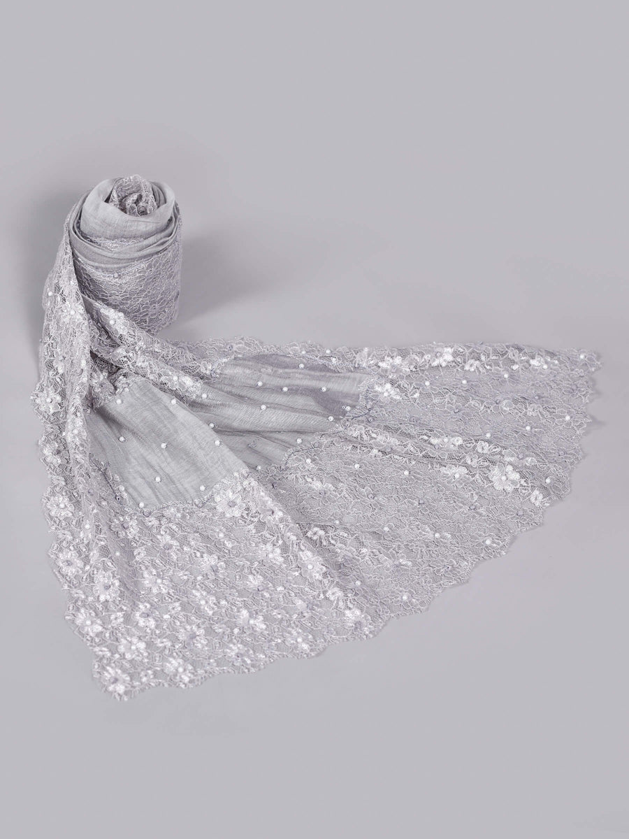 Eleganza Embroidered Silk & Cotton with Pearls Grey for Women - Welkin Scarves