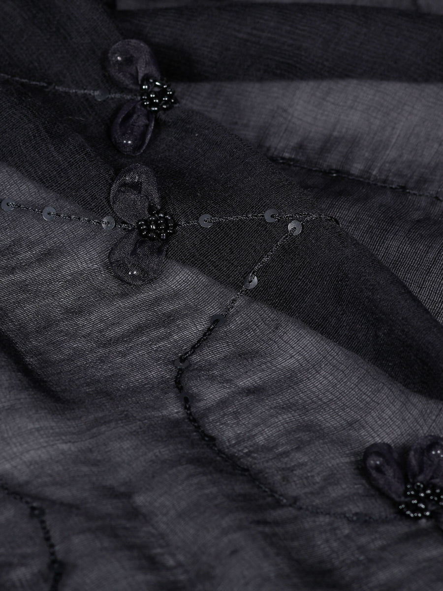 Tussah Tissue Flowers Design Rich Silk Blend Scarf Black For Women - Welkin Scarves