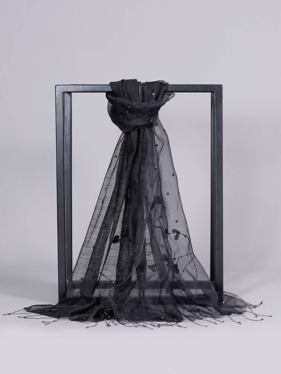 Tussah Tissue Flowers Design Rich Silk Blend Scarf Black For Women - Welkin Scarves