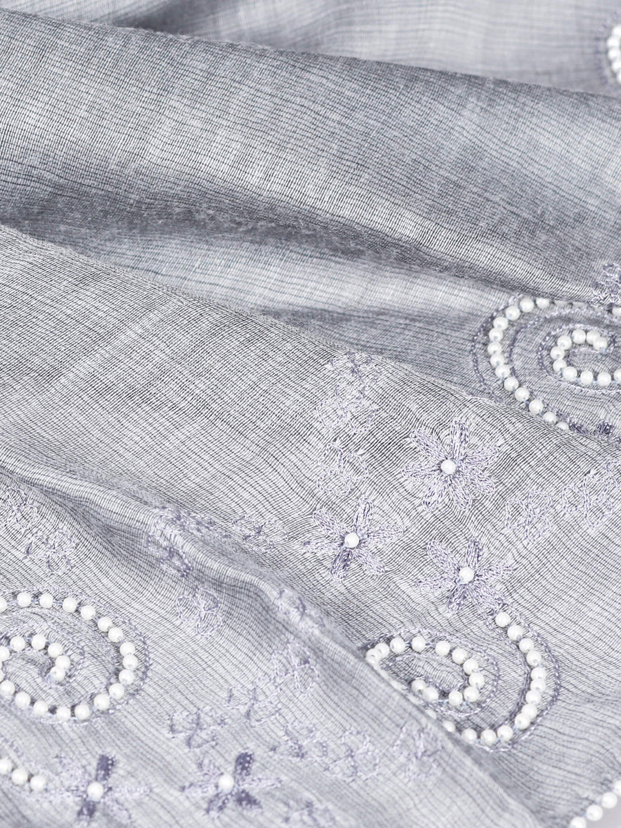 Eleganza Embroidered with Detailing Luxury Silk & Woolen Scarf Grey For Women - Welkin Scarves