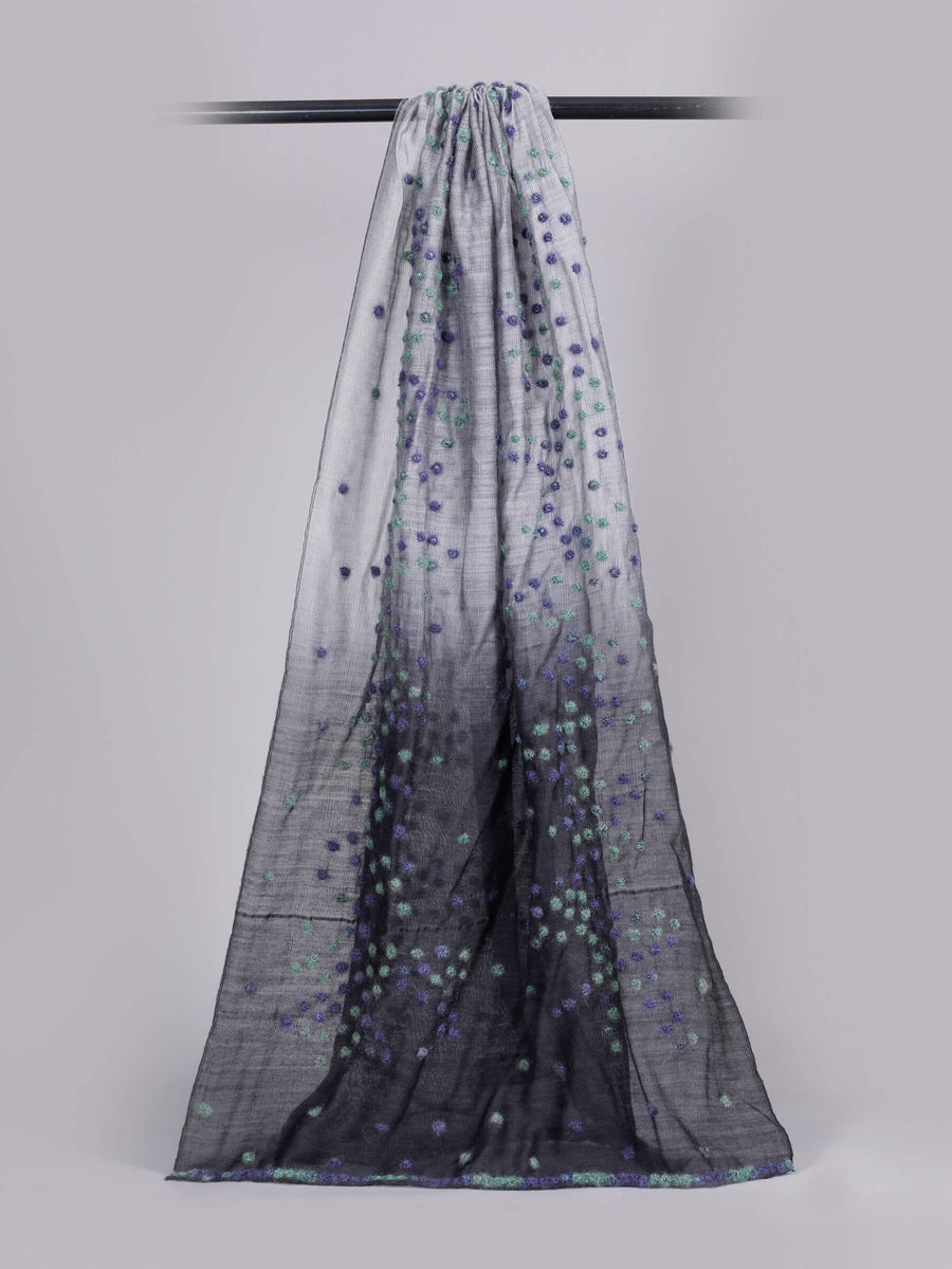 Noya Colored Embroidery Silk & Cotton Grey Scarf for Women - Welkin Scarves