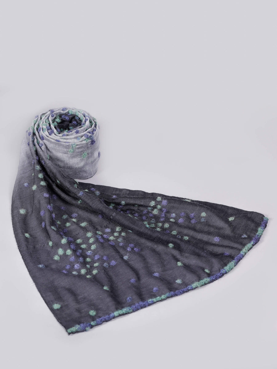 Noya Colored Embroidery Silk & Cotton Grey Scarf for Women - Welkin Scarves