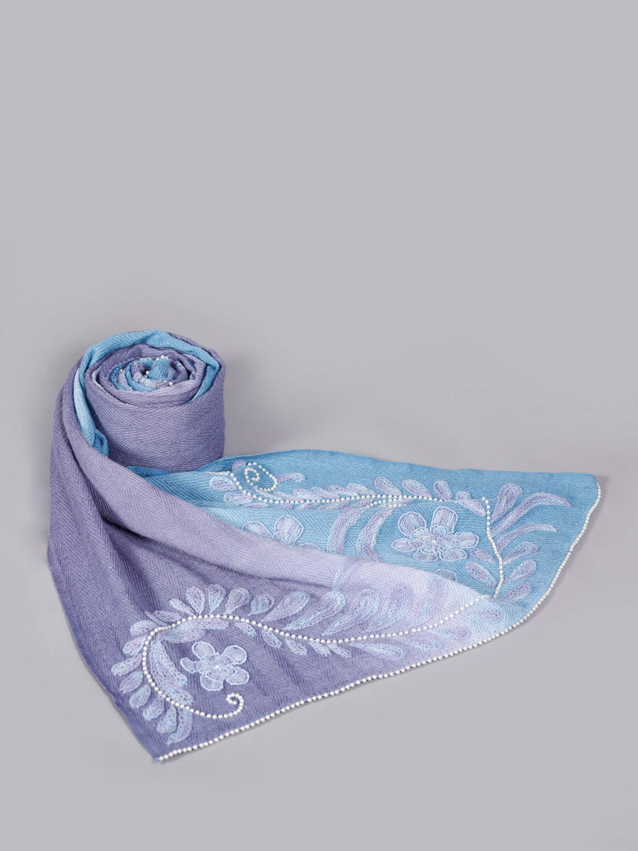 Anabelle Intricate Embroidery Wool Scarf Blue Lavender for Women - Welkin Scarves