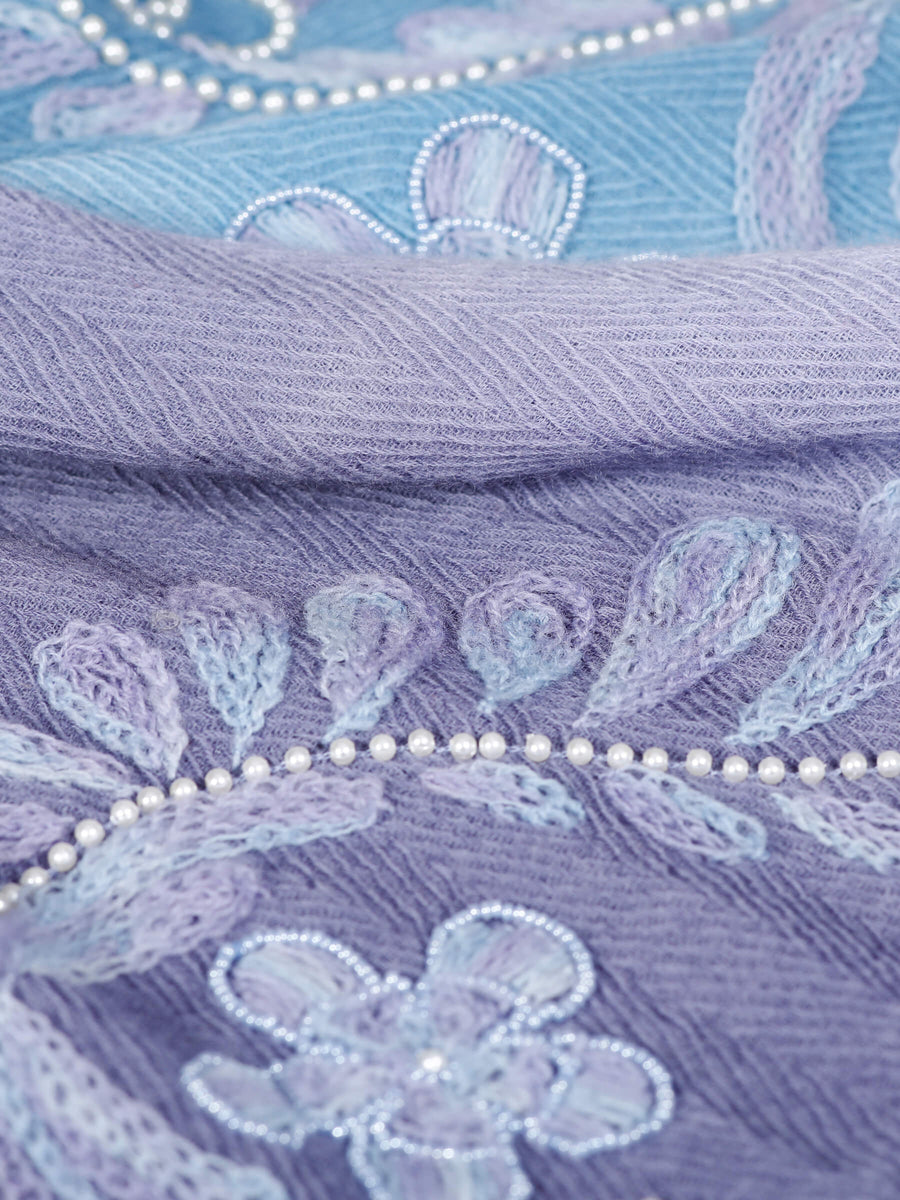 Anabelle Intricate Embroidery Wool Scarf Blue Lavender for Women - Welkin Scarves