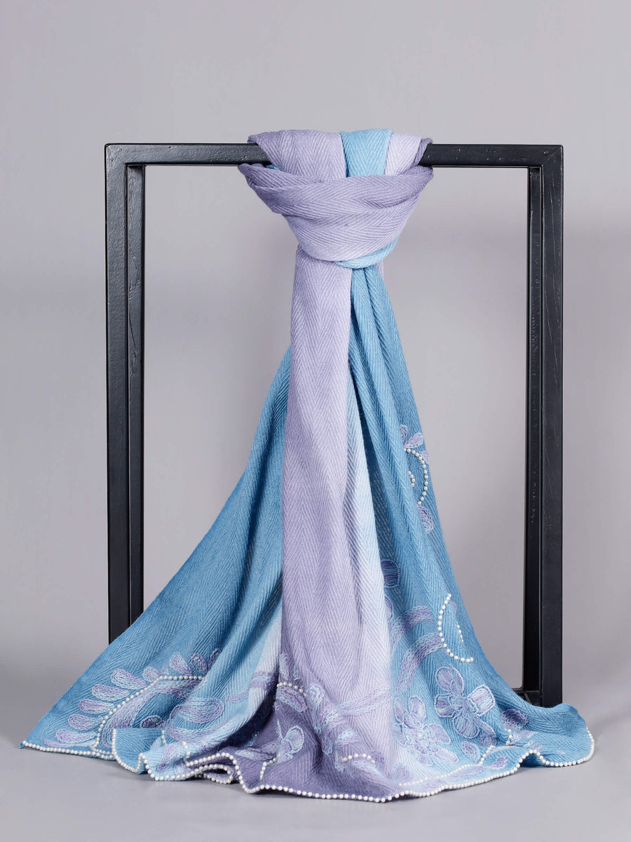 Anabelle Intricate Embroidery Wool Scarf Blue Lavender for Women - Welkin Scarves