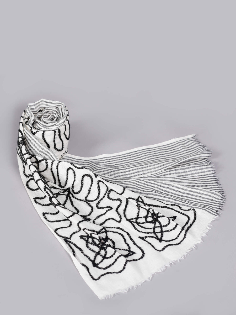Charming Yarn Dyed Mohair Embroidery Handcrafted Wool Scarf White Black for Women - Welkin Scarves