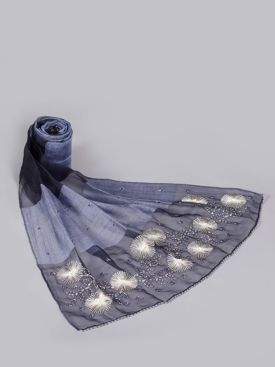Dazzle Hand Embroidered Silk & Wool Luxury Scarf Navy for Women - Welkin Scarves