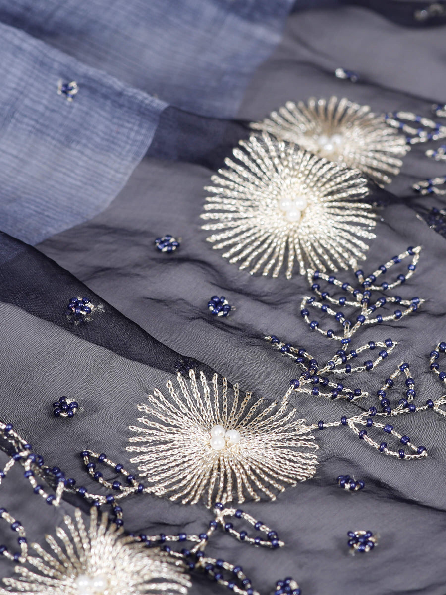 Dazzle Hand Embroidered Silk & Wool Luxury Scarf Navy for Women - Welkin Scarves