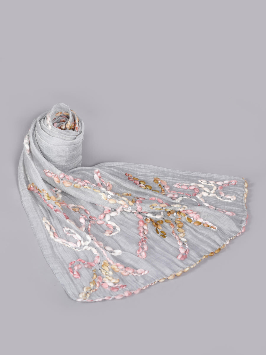 Anabelle Embroidered Luxury Silk Scarf Light Grey for Women - Welkin Scarves