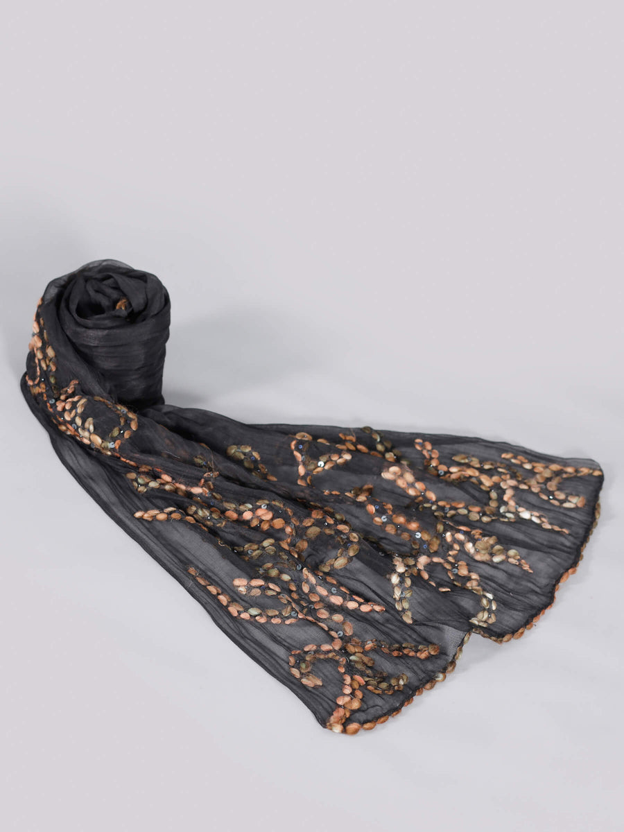 Charm Hand Embroidered Cotton & Silk Blended Scarf Black for Women - Welkin Scarves