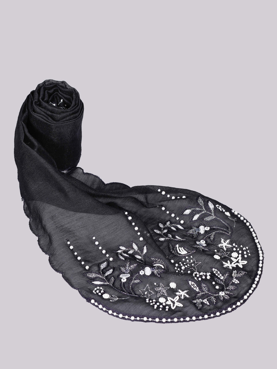 Dazzle Hand Embroidered Silk & Wool Luxury Scarf Black for Women - Welkin Scarves