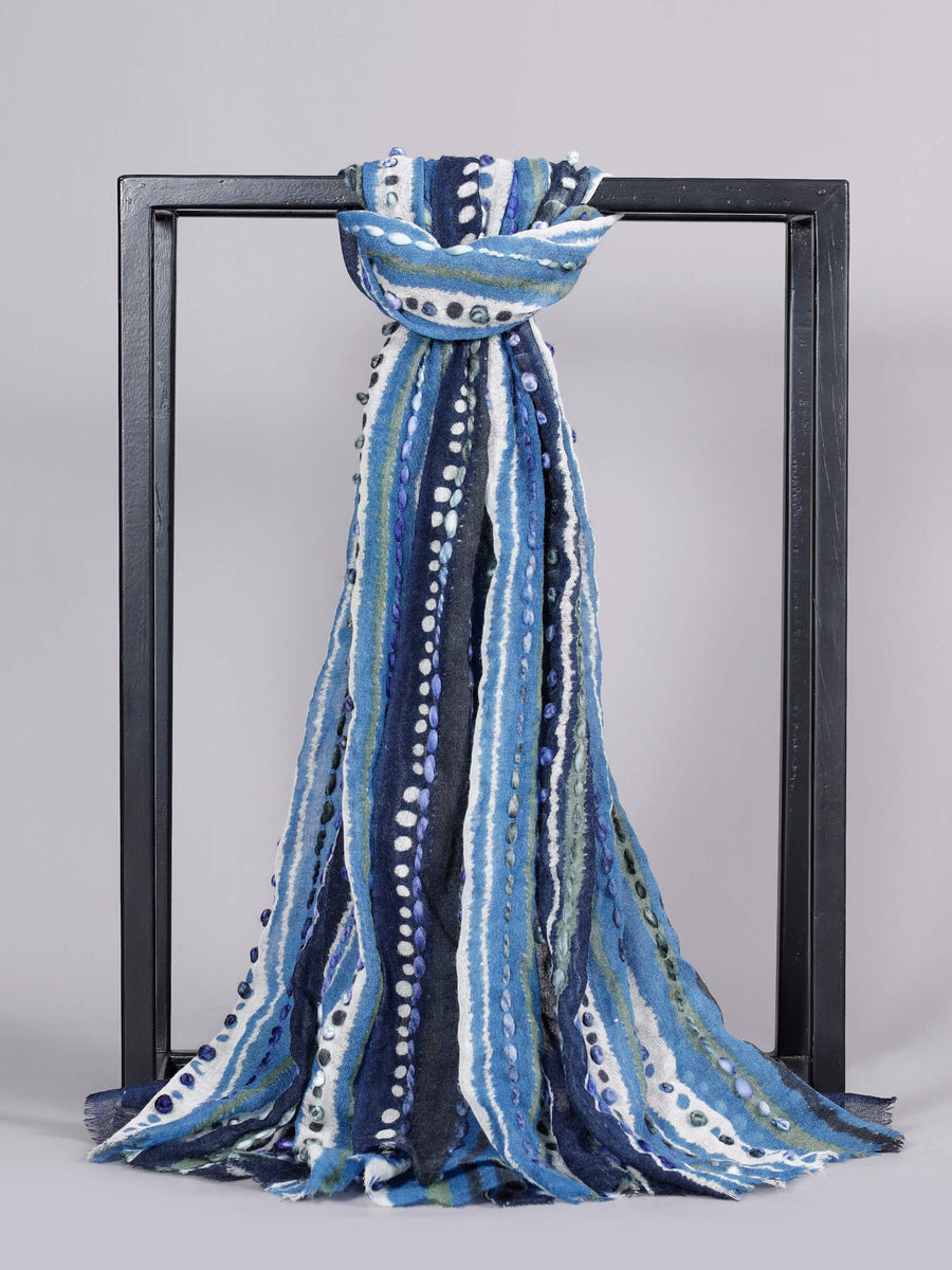 Annabelle Dip Dye Yarn Embroidery Wool Scarf Blue for Women - Welkin Scarves