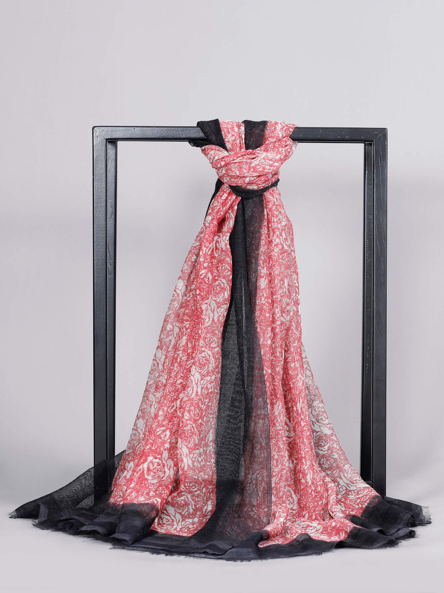 Novel Silk & Wool Floral Design Luxury Scarf Red & Black for Women - Welkin Scarves
