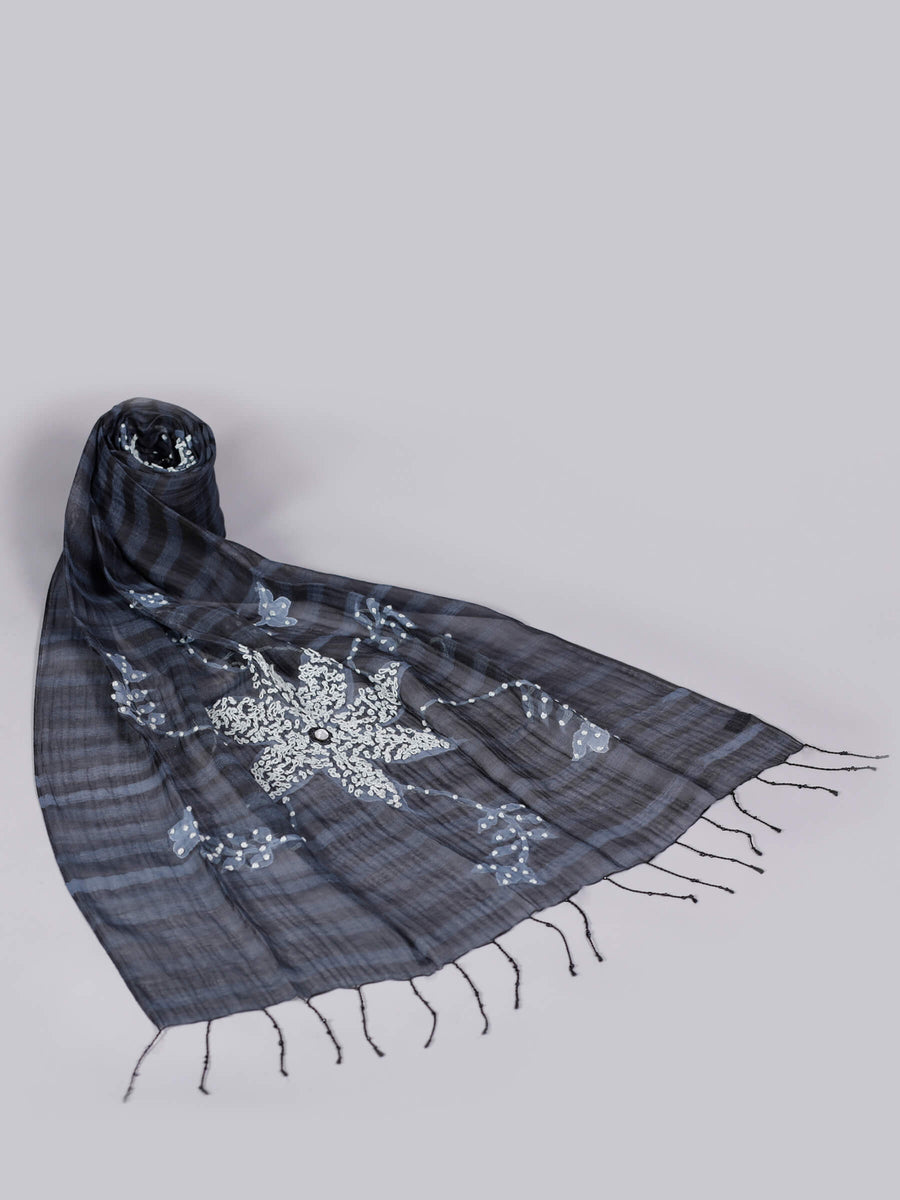 Vera Hand painted Silk Blended Floral Pattern Scarf Black & Grey for Women - Welkin Scarves