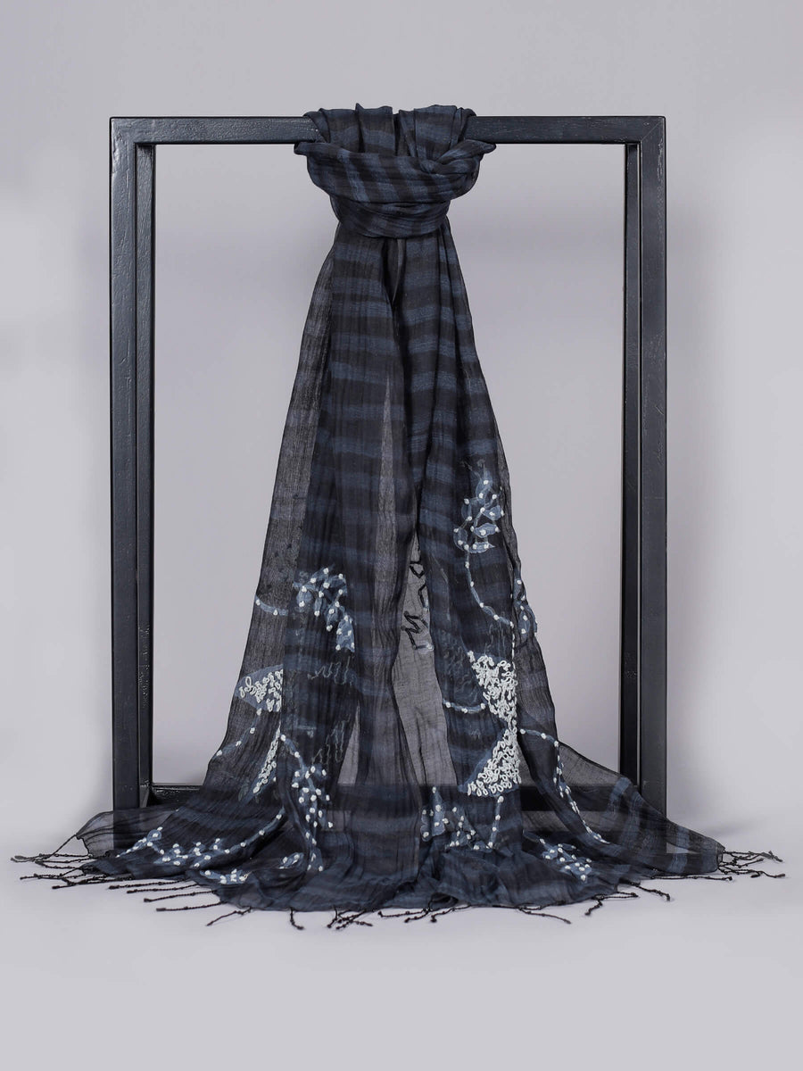 Vera Hand painted Silk Blended Floral Pattern Scarf Black & Grey for Women - Welkin Scarves