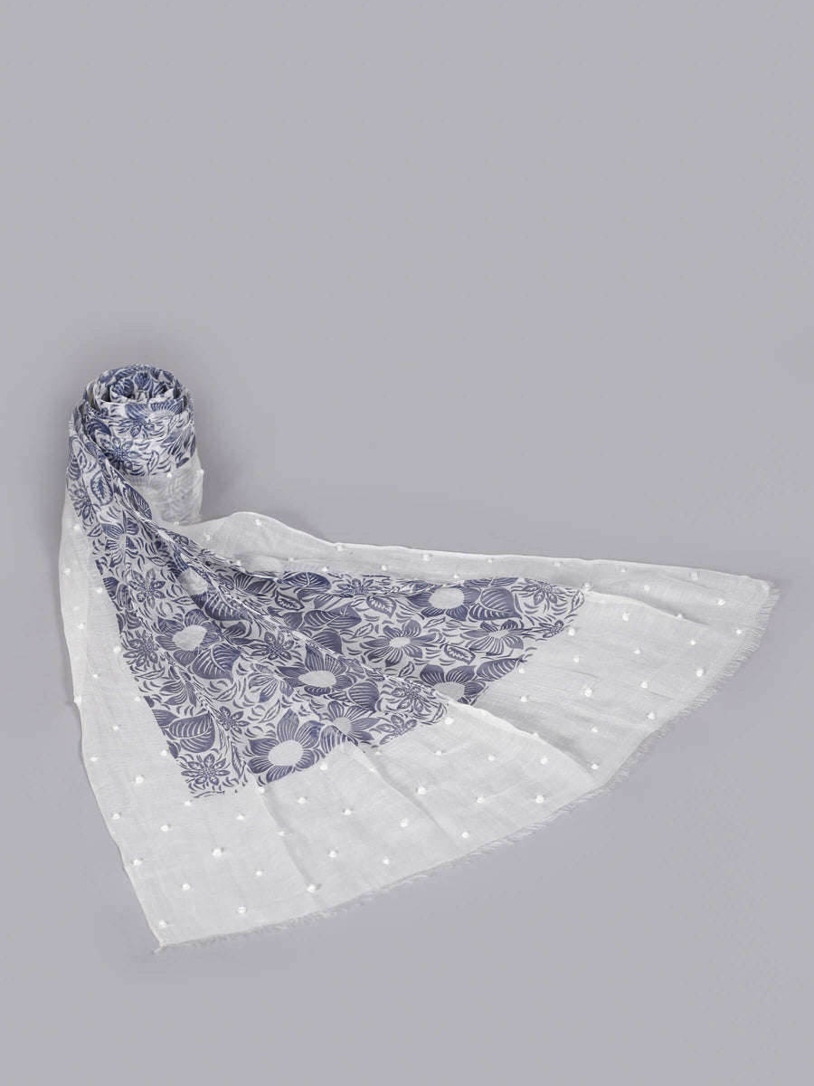 Allora Hand Painted & Embroidered Silk & Cotton Scarf White Navy for Women - Welkin Scarves