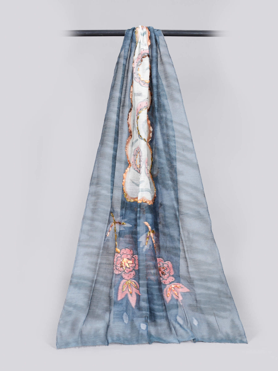 Anna Hand Painted & Hand Embroidered Silk & Woolen Scarf Special Ocassions for Women - Welkin Scarves