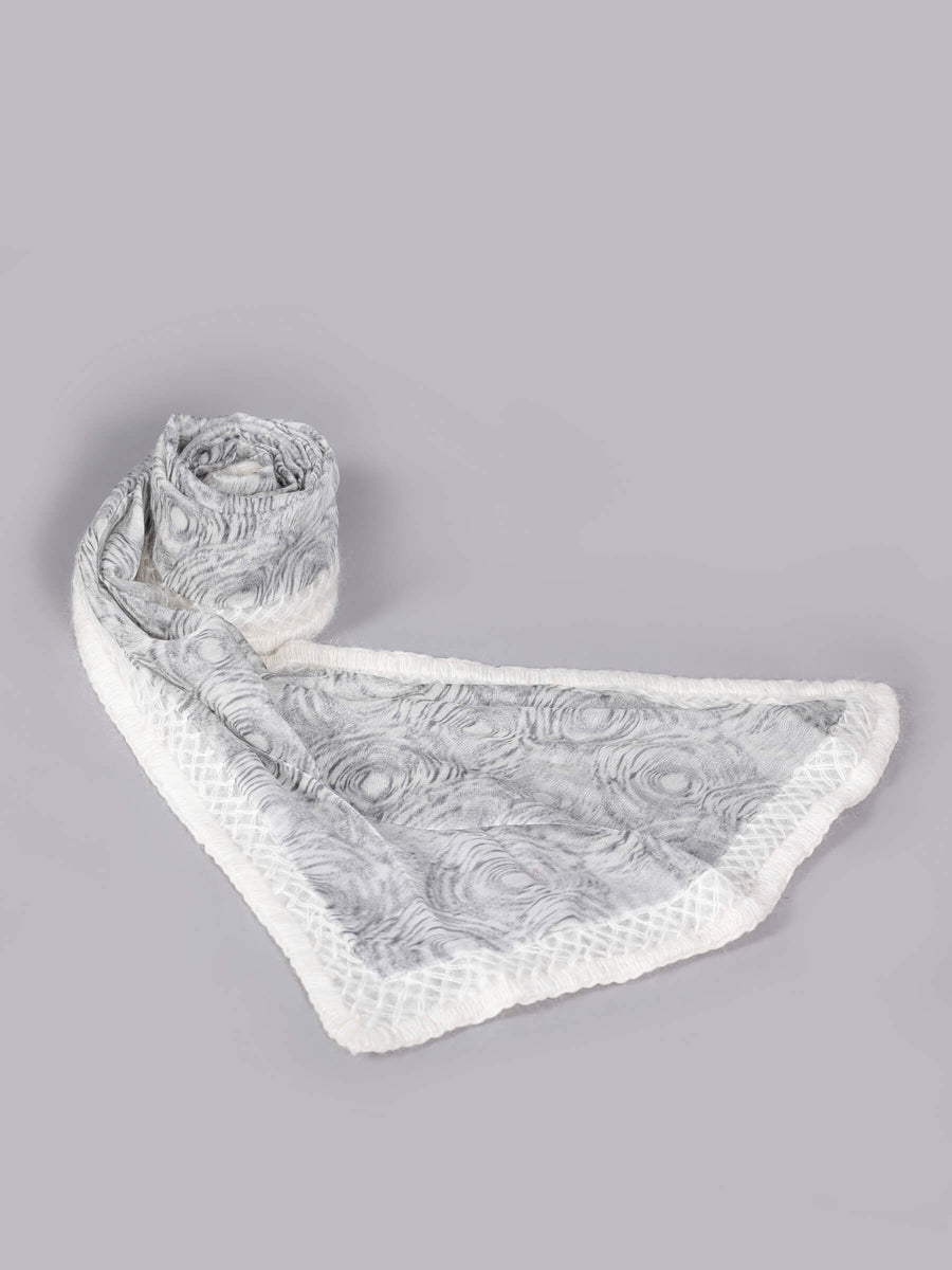 Ava Hand painted & Hand Embroidered Silk Wool Scarf Grey White for Women - Welkin Scarves