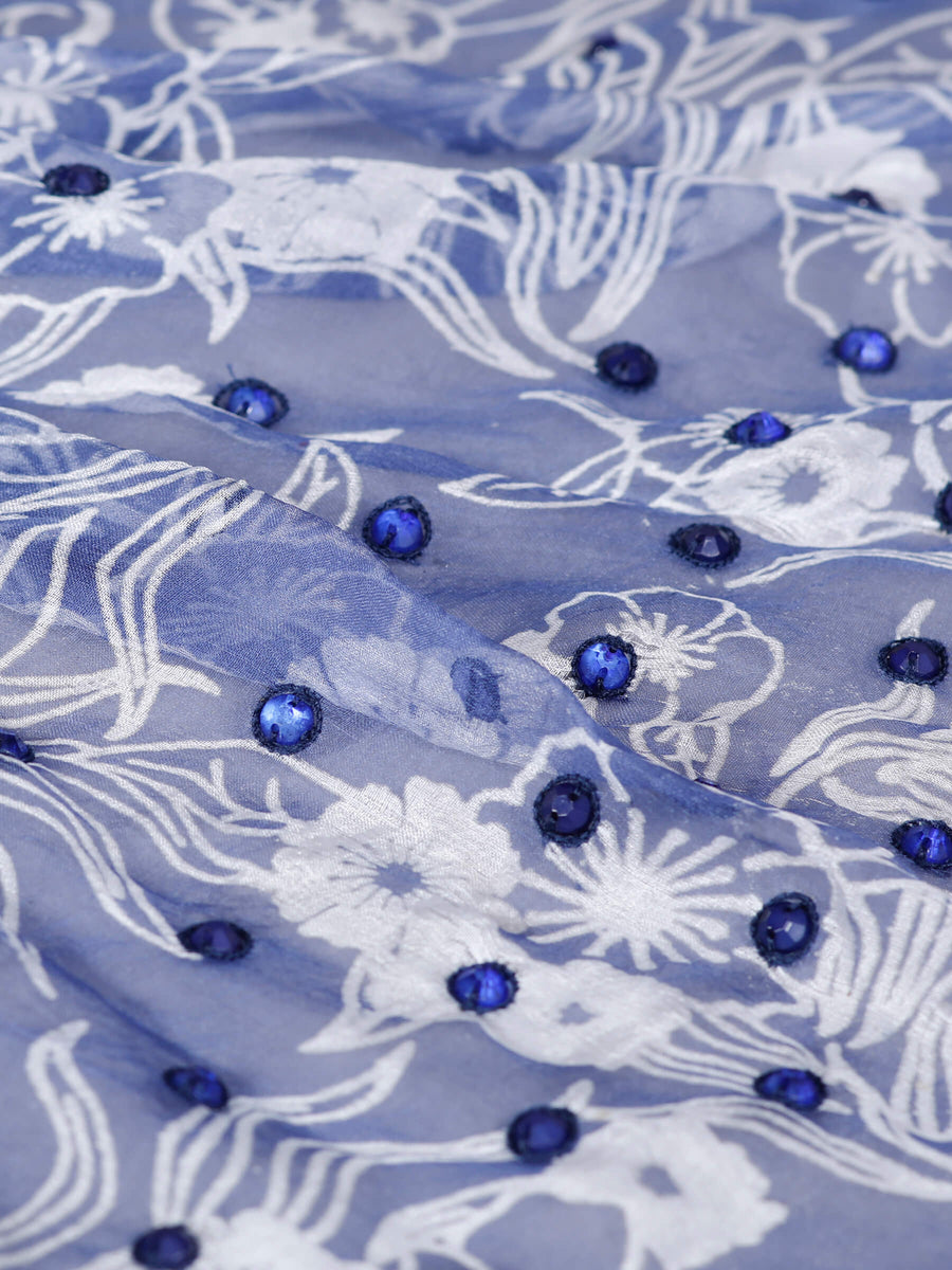 Flora Embroidered Silk Light Weight Luxury Scarf Blue & White for Women - Welkin Scarves