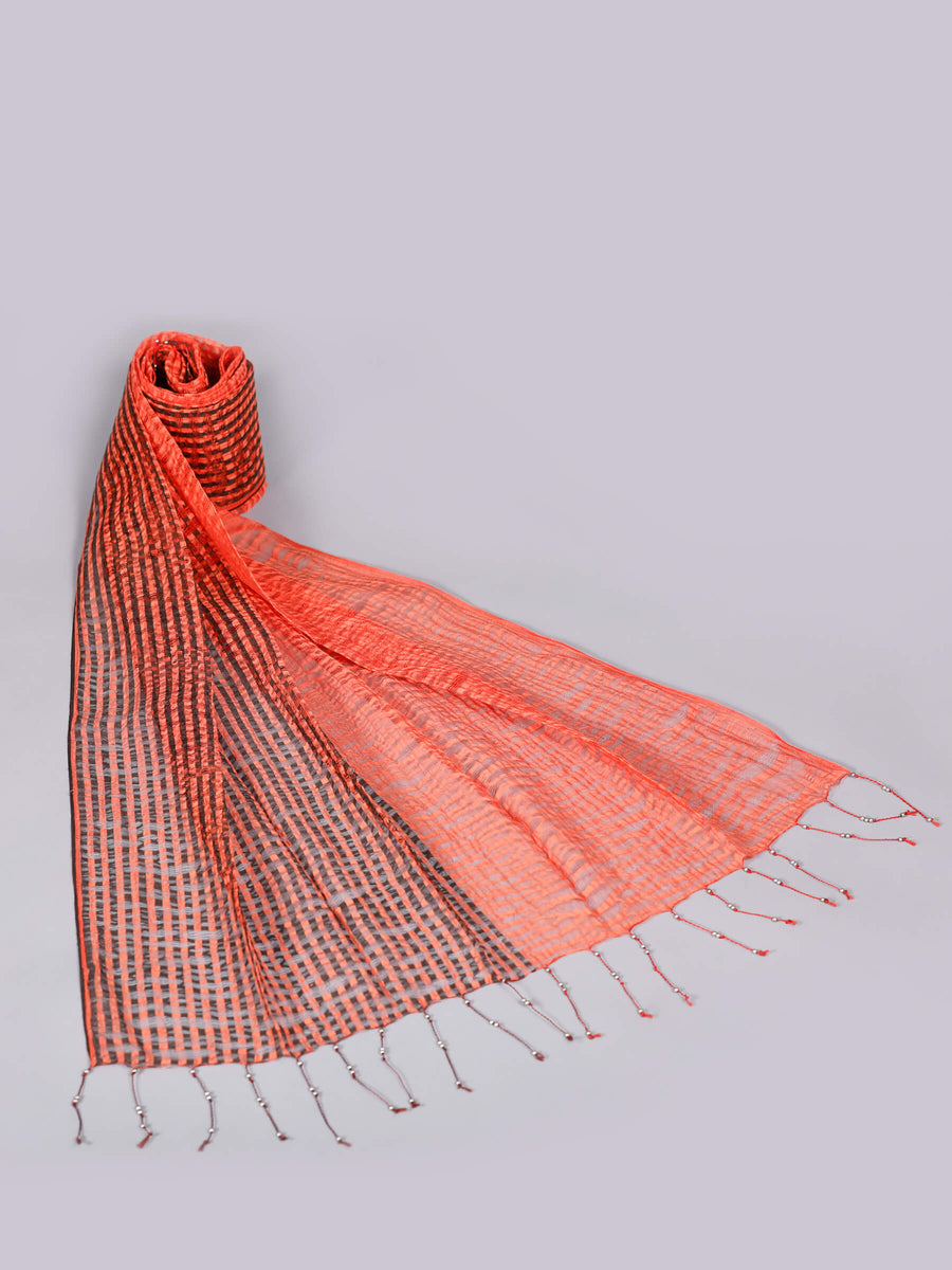 Novel Hand woven Stripes Silk Cotton scarf Orange & Black for Women - Welkin Scarves