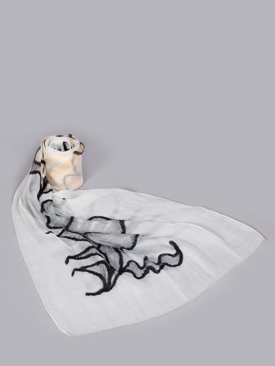 Zora Hand Painted & Embroidered Cotton Silk Scarf White Mustard for Women - Welkin Scarves