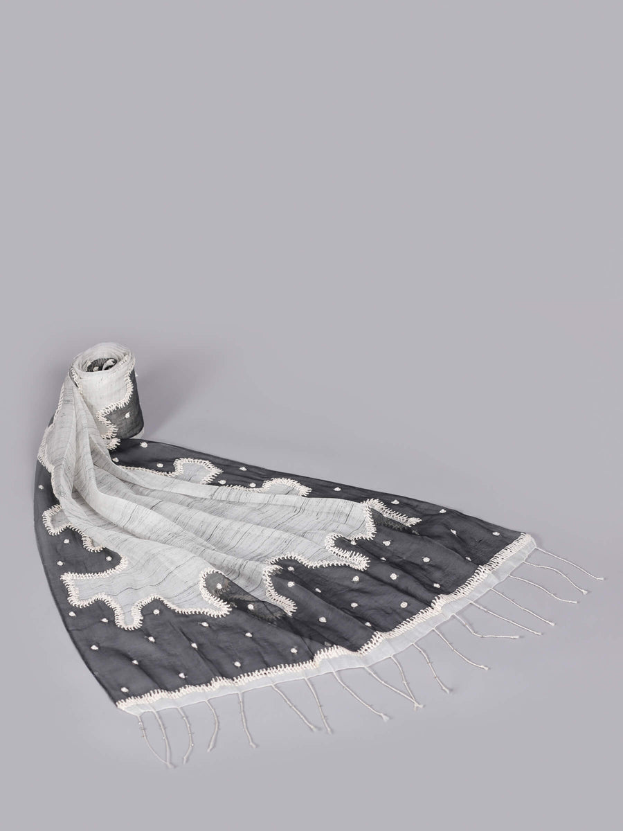 Charisma Embroidered with Pearl Cotton Blended Scarf White and Black For Women - Welkin Scarves