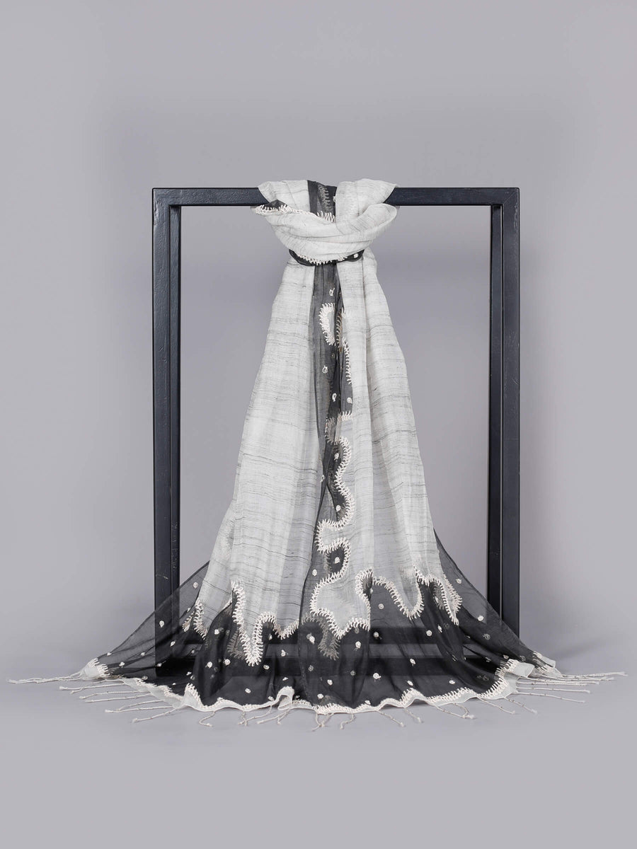 Charisma Embroidered with Pearl Cotton Blended Scarf White and Black For Women - Welkin Scarves