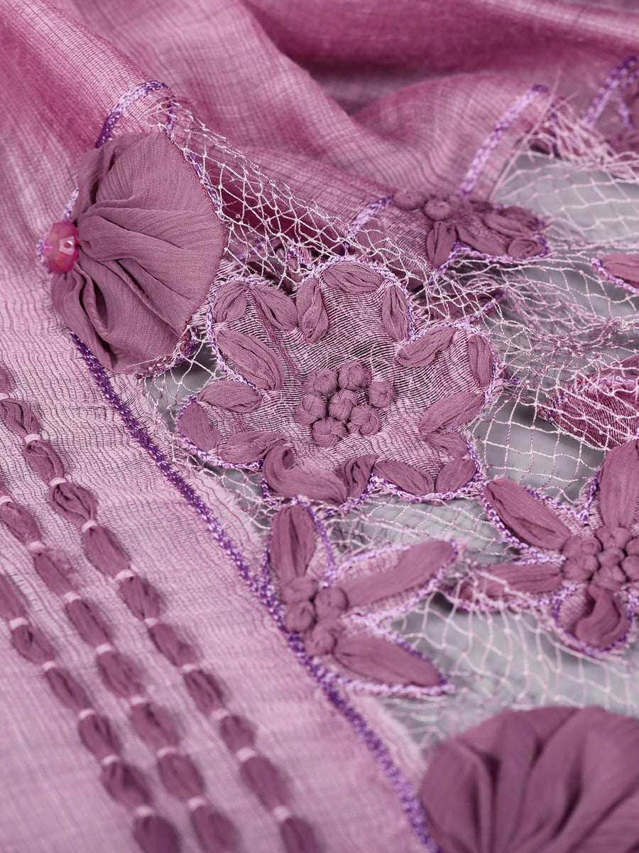 Allora Floral Embroidered Silk & Woolen Scarf Luxury Design Purple for Women - Welkin Scarves
