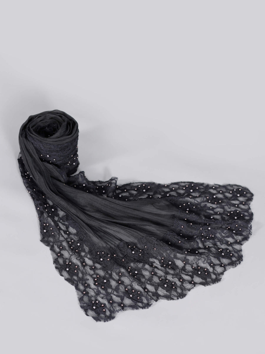 Wonder Pearl & Lace Artwork Silk Wool Scarf Black for Women - Welkin Scarves