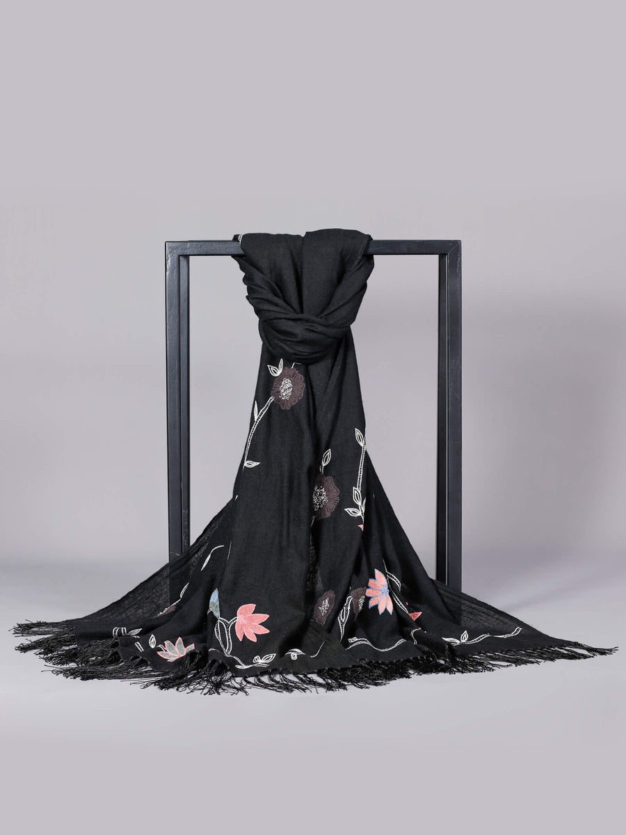 Jade Hand Embroidered with Cotton Woolen Shawl Black for Women - Welkin Scarves