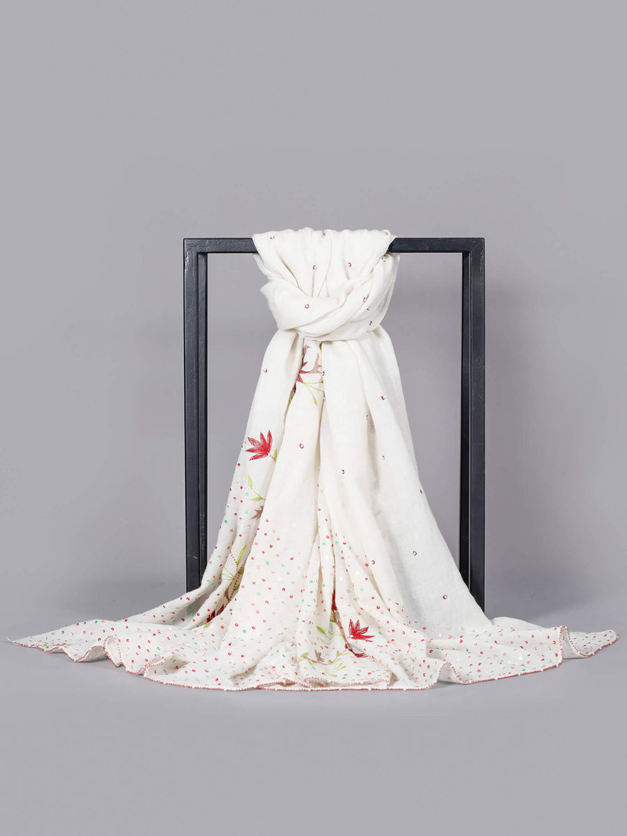 Jade Hand Embroidered with Emblishments Woolen Luxury Shawl Natural for Women - Welkin Scarves