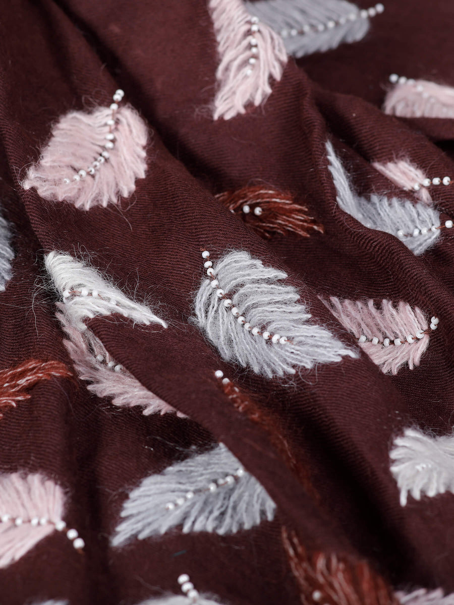Jade Hand Embroidered Woolen Luxury Shawl Brown for Women - Welkin Scarves